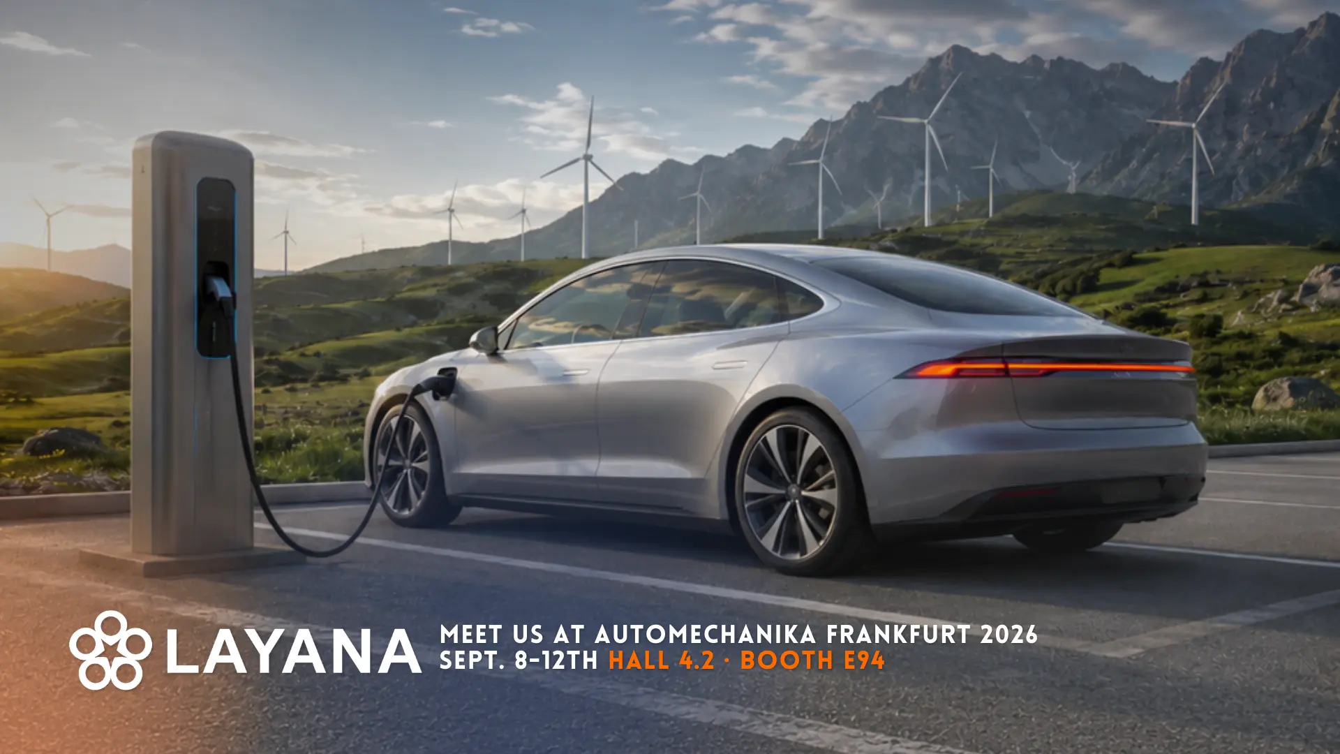 Layana auf der Automechanika Frankfurt 2026, Halle 4.2, Stand E94, mit einer Ladeszene für Elektrofahrzeuge