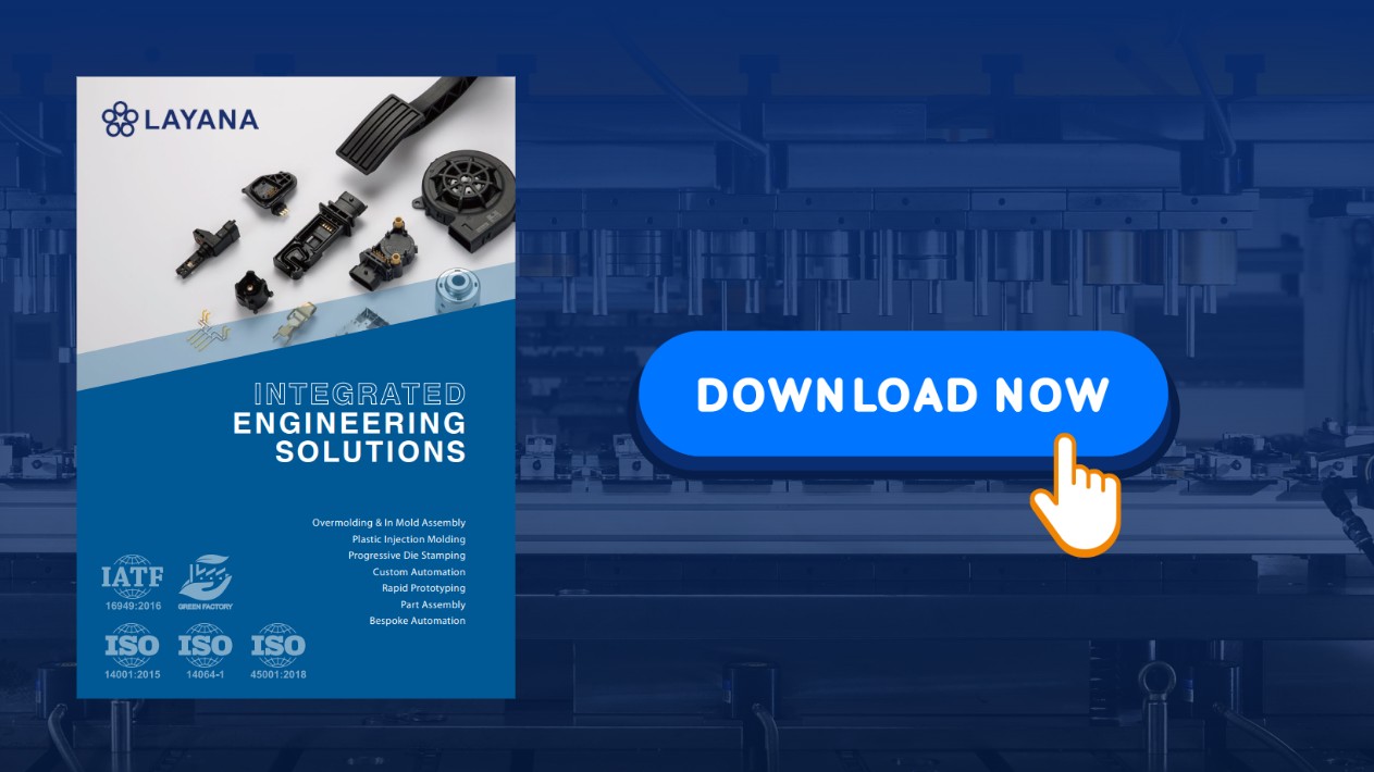 The image shows a promotional banner for Layana’s 2025 catalog, featuring the catalog cover on the left with the title “Integrated Engineering Solutions” and visuals of precision-manufactured parts. Key services such as overmolding, plastic injection molding, stamping, automation, prototyping, and assembly are listed, along with ISO and IATF certifications at the bottom. On the right side, a large blue button with the text “Download Now” and a cursor hand icon invites viewers to access the catalog.