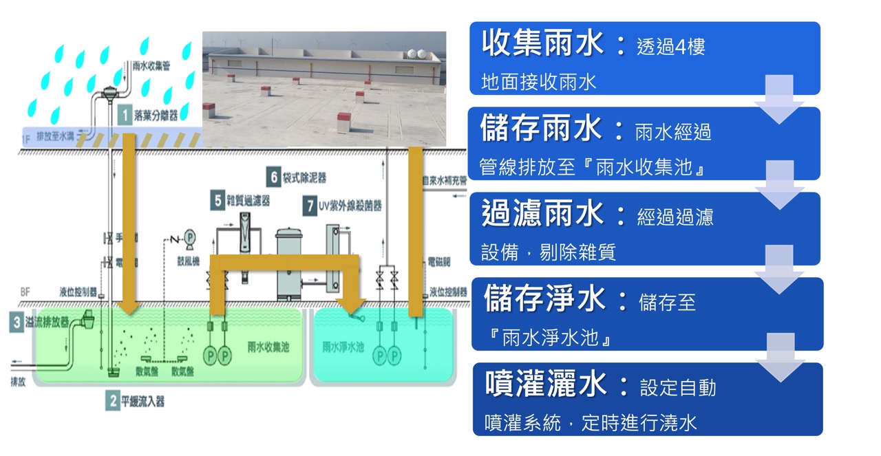Layana 雨水收集圖顯示屋頂收集、儲存、過濾、清潔水儲存和灌溉。