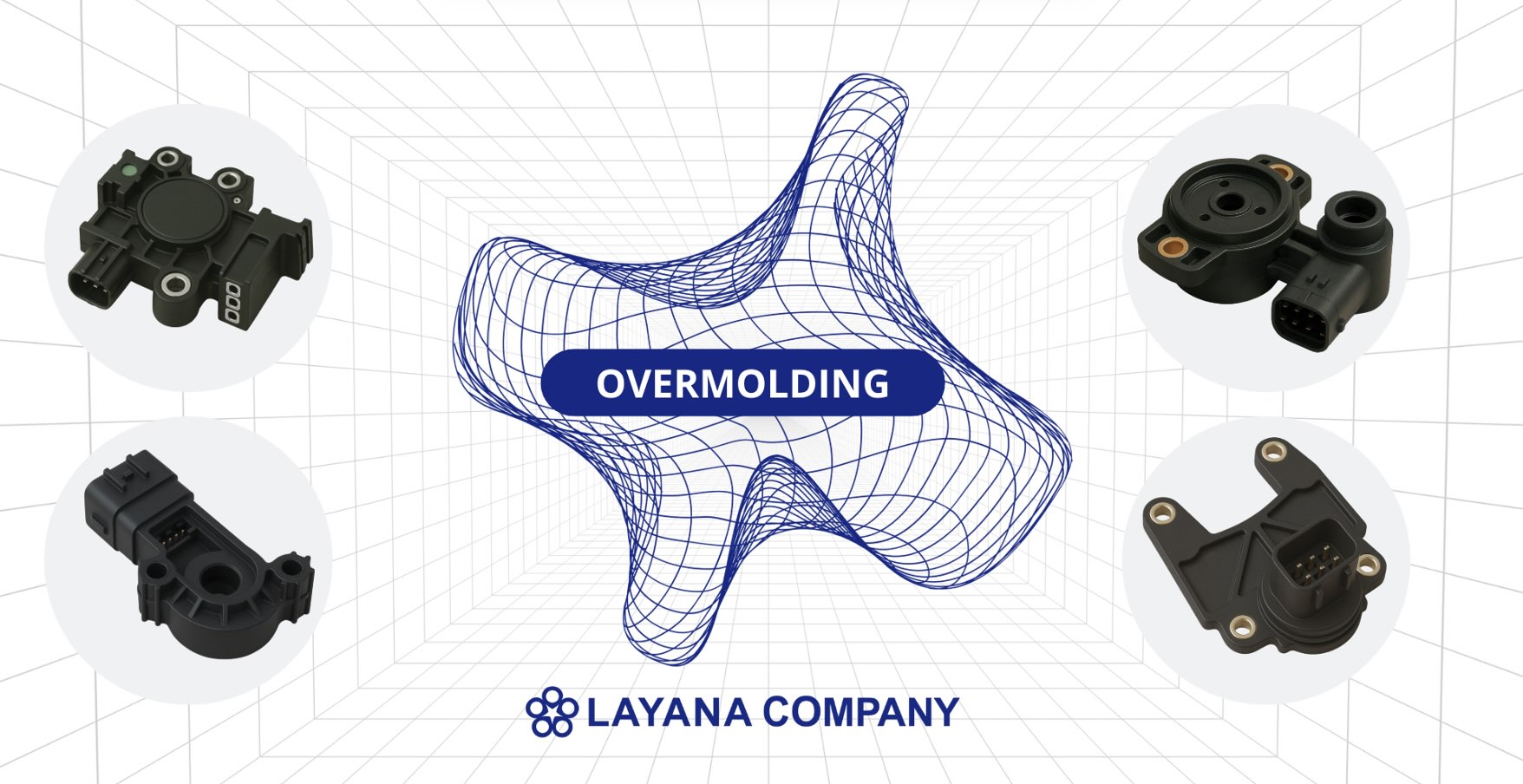 Layana overmolding solutions banner featuring precision overmolded plastic and metal components for automotive, electronics, sensors, and industrial applications.