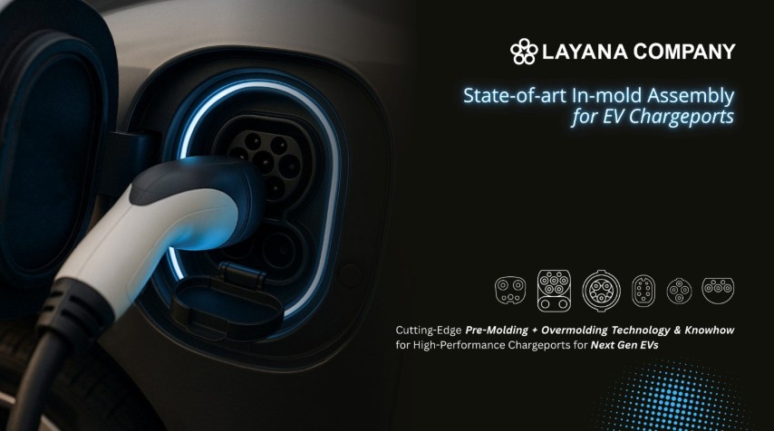 Layana 為 NACS 與 CCS2 電動車充電插孔所設計的模內組裝解決方案,結合預成型與包覆成型製程,打造高性能部件。