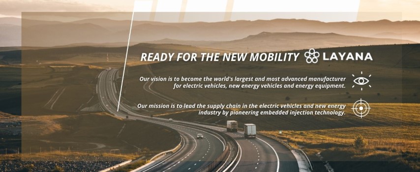 Layana 的願景:成為電動車、新能源車及能源設備領域的領導製造商,並以嵌入式射出技術引領供應鏈發展;Layana 的標誌與代表願景及使命的圖示一同呈現。