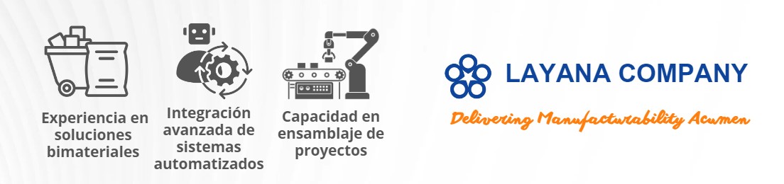La imagen muestra los servicios clave proporcionados por la Compañía Layana, enfatizando la "Experiencia en Bi-Materiales," la "Integración Avanzada de Automatización," y las "Capacidades de Ensamblaje de Proyectos," junto con su lema, "Entregando Pericia en Fabricabilidad," con íconos visuales que representan cada área de servicio, reforzando las soluciones integrales de fabricación de la compañía.