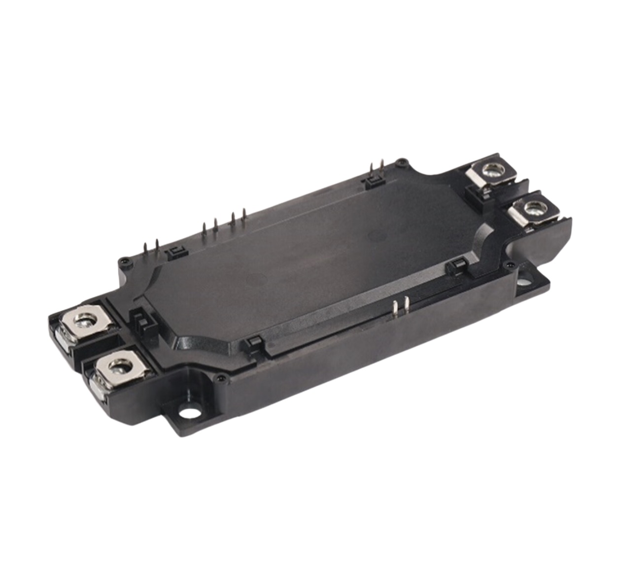 Overmolded power module housing with integrated connectors and pins.