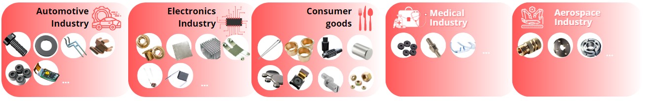 Image showcasing different type of inserts employed in insert molding technology across different industries (automotive, electronics, consumer goods, medical and aerospace.